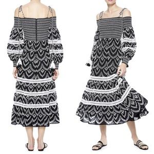 Alice + Olivia Catia Off-The-Shoulder Smocked Eyelet Skirt Midi Dress - XS